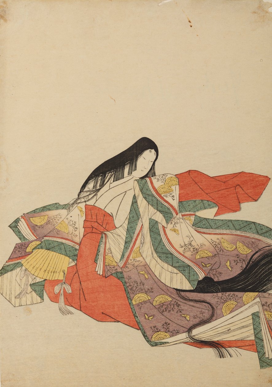 左向きに座る宮廷女性、画帖「錦摺女三十六歌仙絵尽」より 作： 長文祭栄司