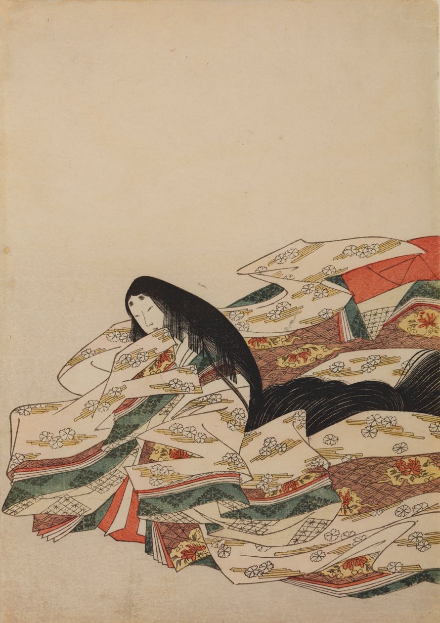 左を向いて座る宮廷女官、画帖「錦摺女三十六歌仙絵尽」より 作： 長文祭栄司