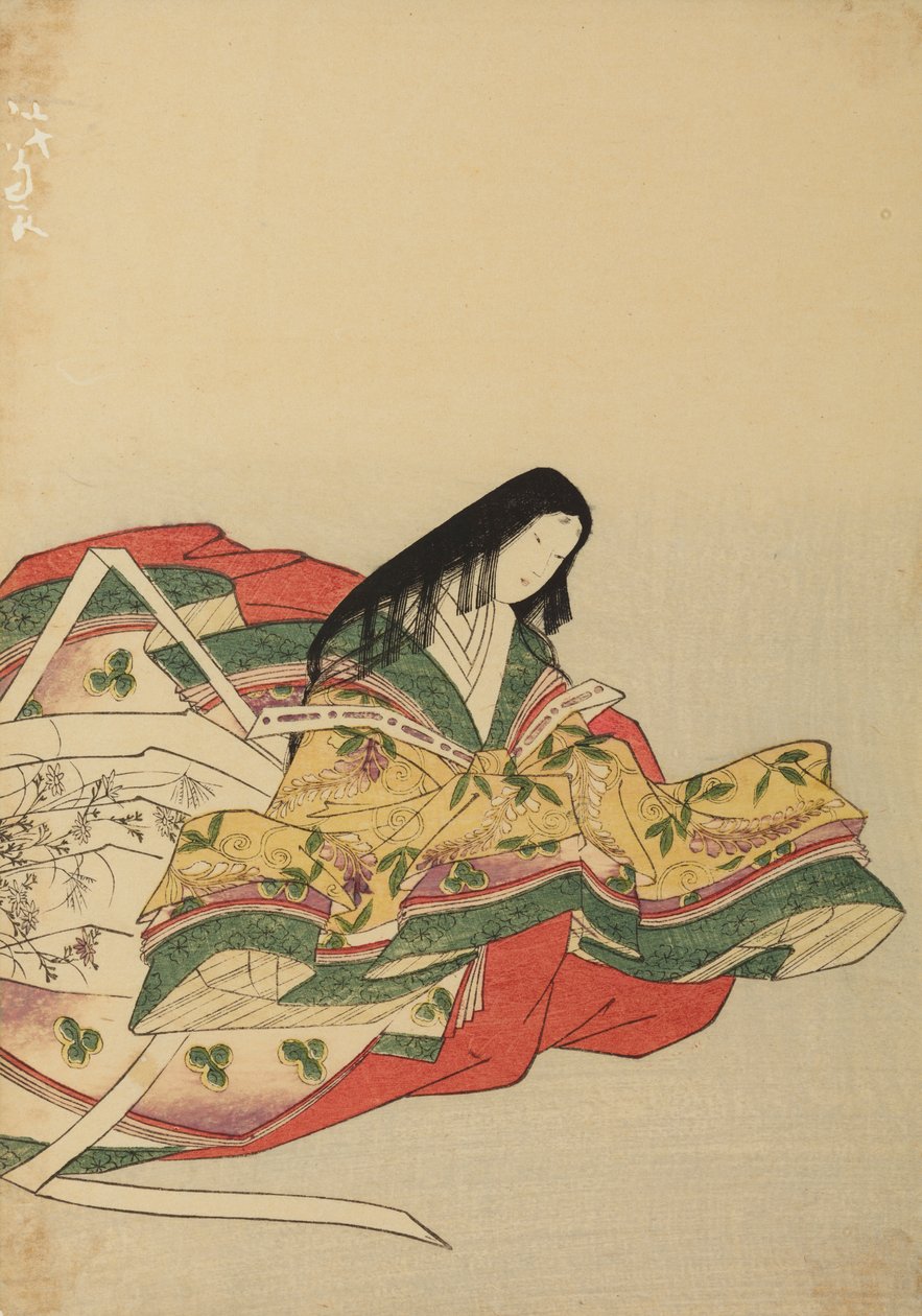右を向いて座っている宮廷の貴婦人、アルバム所収の図版：『錦引きの女　三十六番』より 作： 長文祭栄司