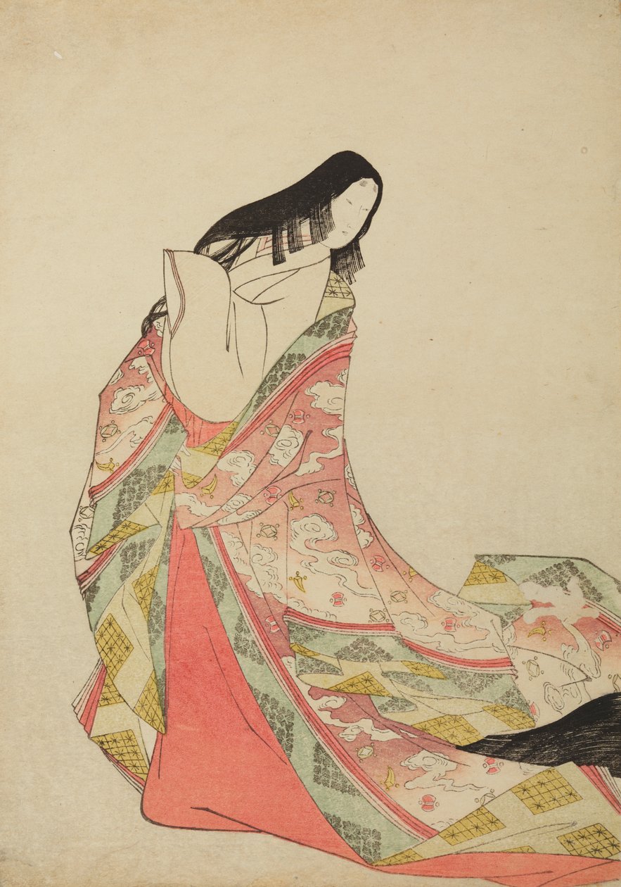 肩からずり落ちた薄紫色の衣をまとって立つ宮廷女官、画帖の一図: 錦摺女三十六歌仙絵尽し 作： 長文祭栄司
