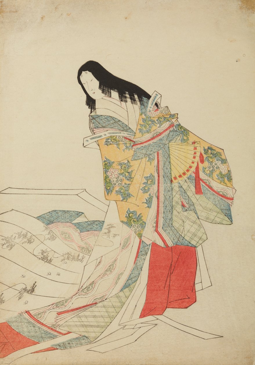 扇を持って立つ宮廷女官、画帖『錦摺女三十絵尽』より 作： 長文祭栄司
