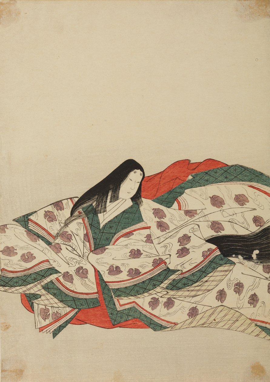 水に浮かぶ子鴨模様の白い着物を着た女官、画帖『錦摺女三十六歌仙絵尽』より 作： 長文祭栄司