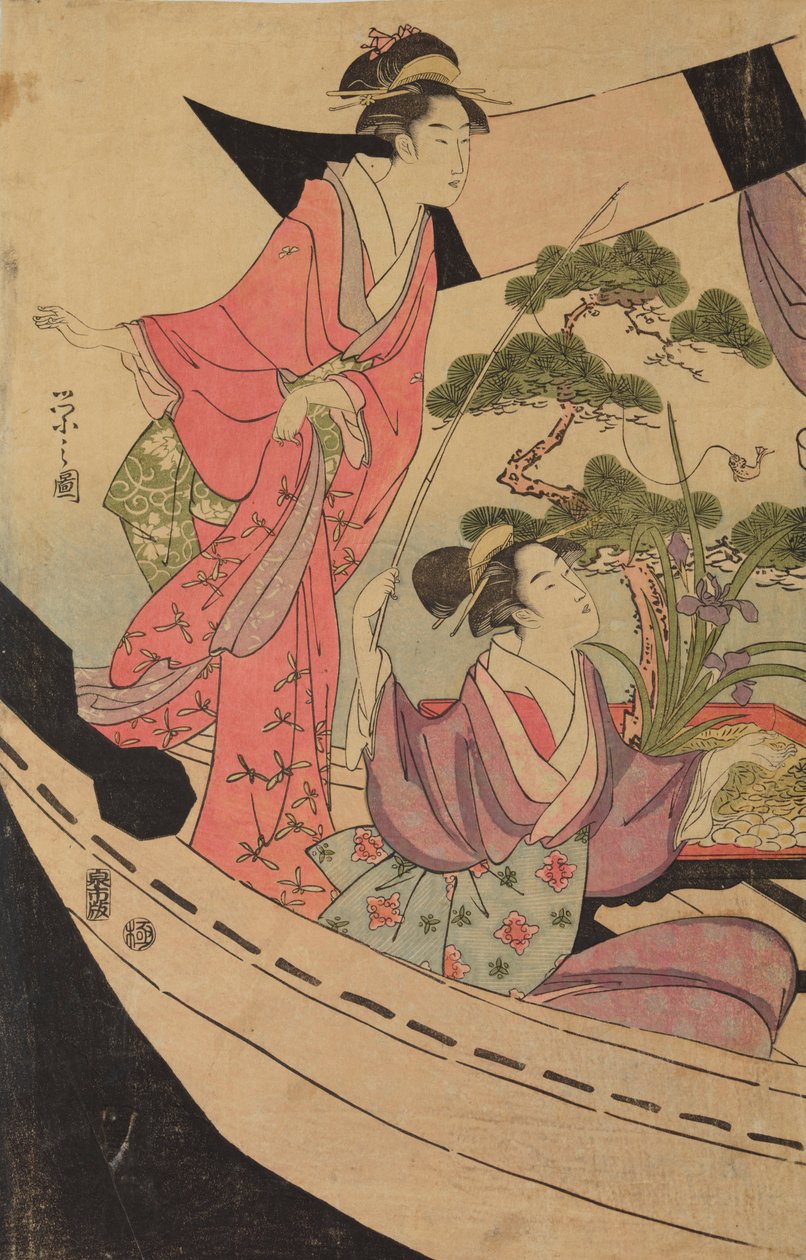 釣り針にかかった魚を持つ舟の中の二人の女性 作： 長文祭栄司