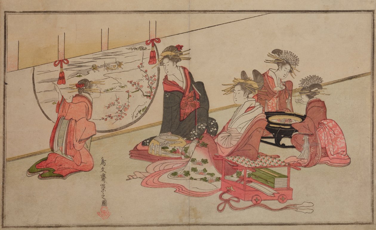 楕円形の窓のそばに座り、冬の風景を眺めている遊女たち 作： 長文祭栄司