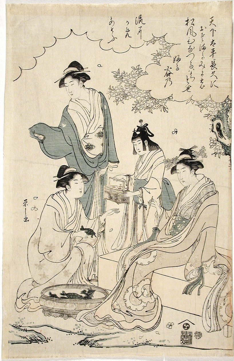 小川のほとりで桜を眺める女性たち 作： 長文祭栄司