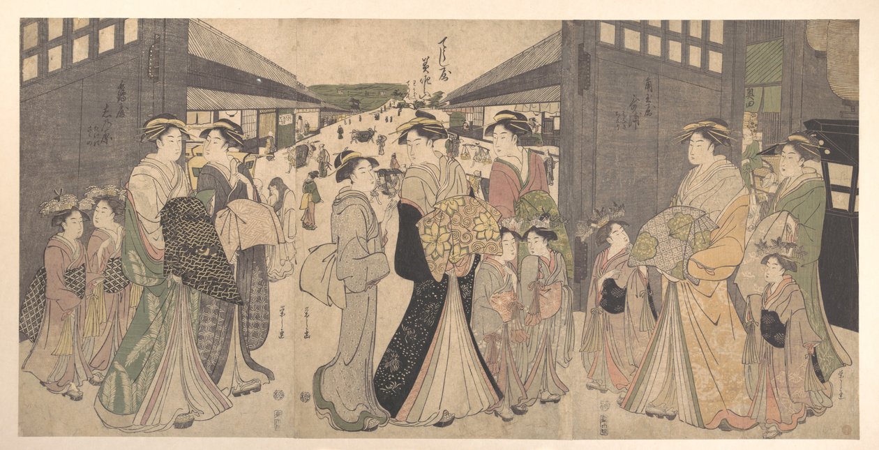 吉原の大門に立つ花魁とその付き人 作： 長文祭栄司