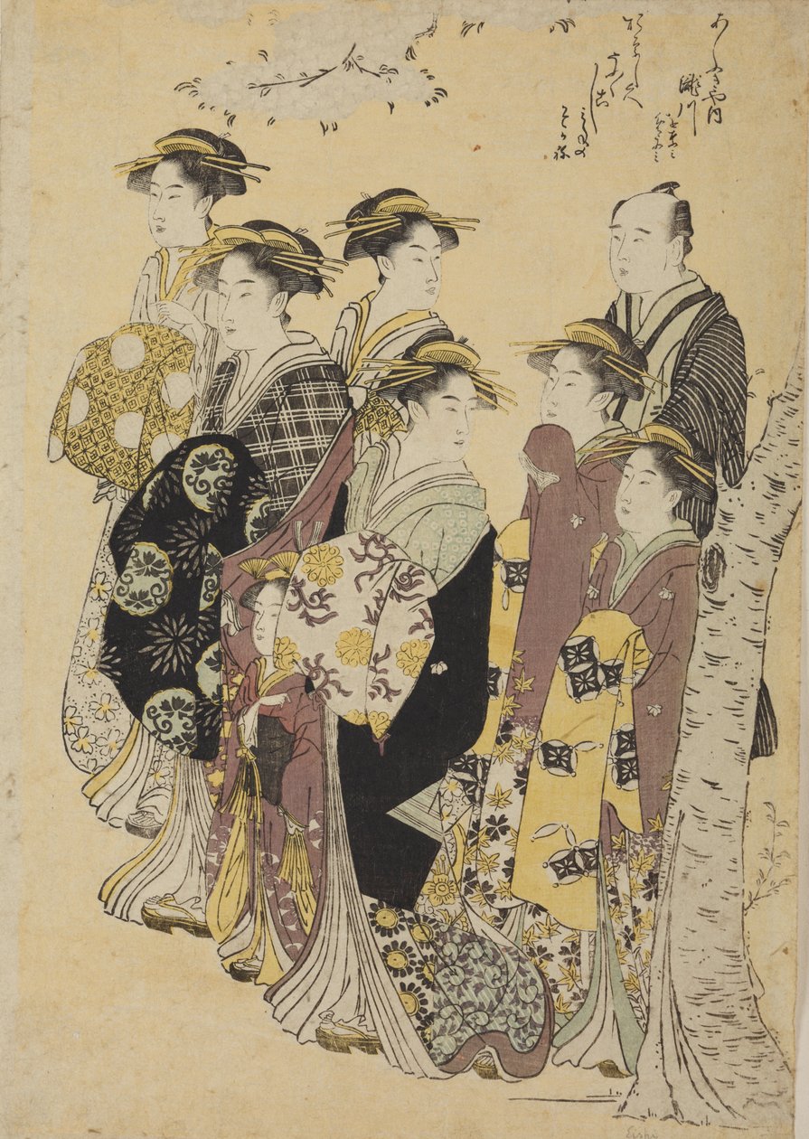 少女と男性を伴って散策する6人の花魁 作： 長文祭栄司