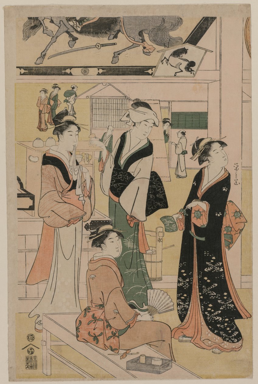 1790年代初頭、寺院の境内の茶店を訪れる女性。 作： 長文祭栄司
