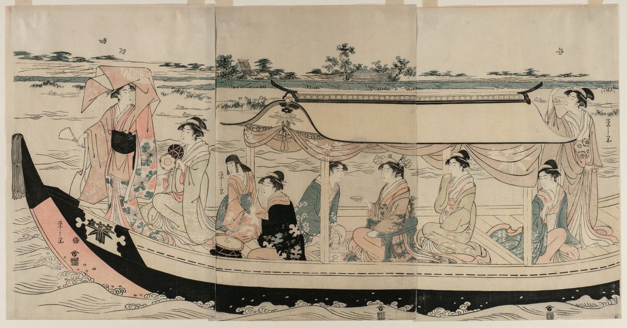 1790年代初頭、隅田川の遊覧船に乗る女性たち。 作： 長文祭栄司