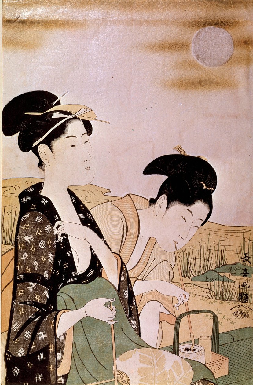 月を愛でる：二人の女性の喫煙栄松斎の版画（18世紀後半～19世紀前半に活躍 作： チョキアイスフサイ