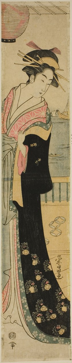 川沿いのベランダに立つ女性 作： 長ko栄E