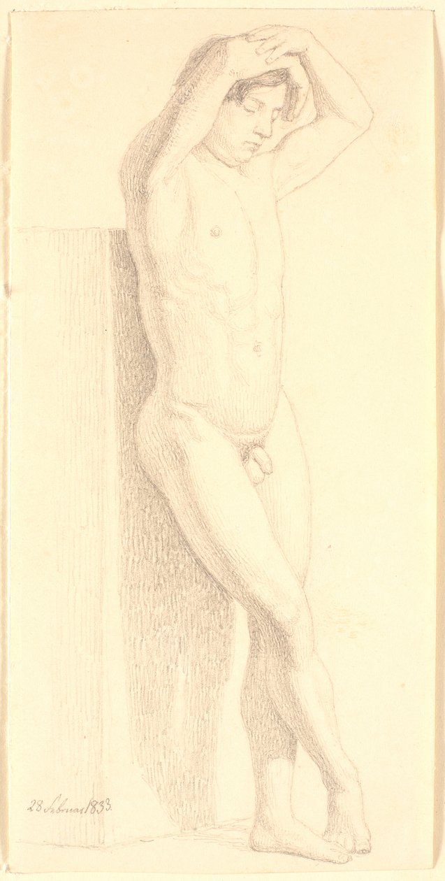 頭上で腕を組んで立っている男性モデル。 右向き 作： ChristenKøbke