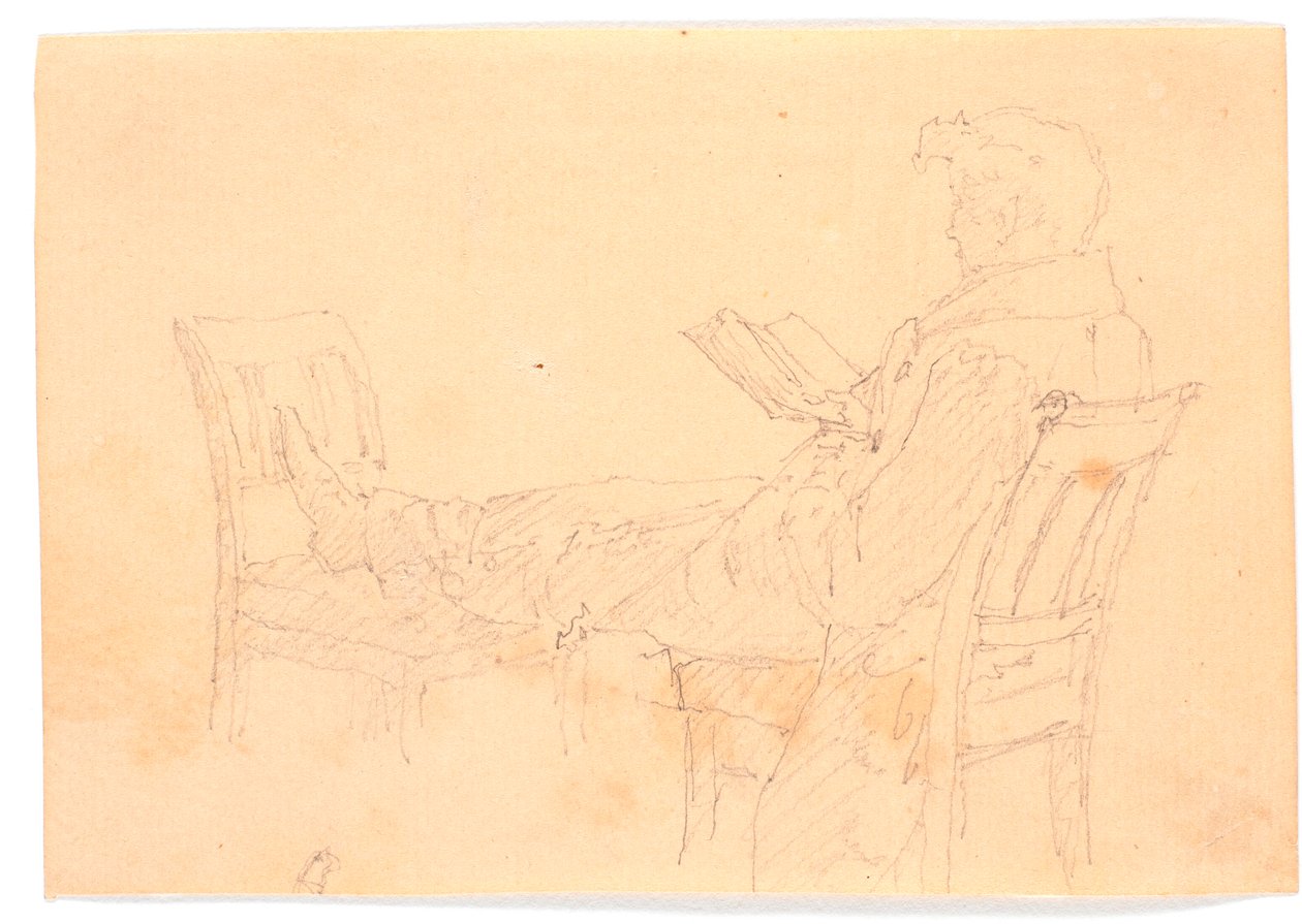 Hans Peter Købke liegend auf zwei Stühlen, lesend. 作： ChristenKøbke