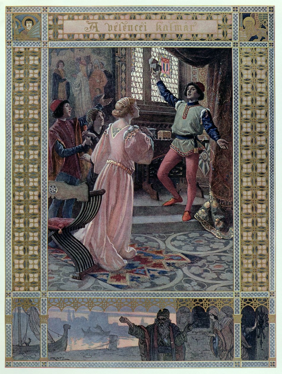 ウィリアム・シェイクスピア（1565-1616）による「ヴェネツィアの商人」のイラストc.1900 作： クリスチャン・オーガスト・プリント