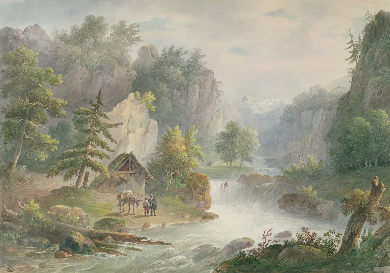 トレントのある山岳風景、1825年（紙にトイレ） 作： クリスチャン・ブルーン
