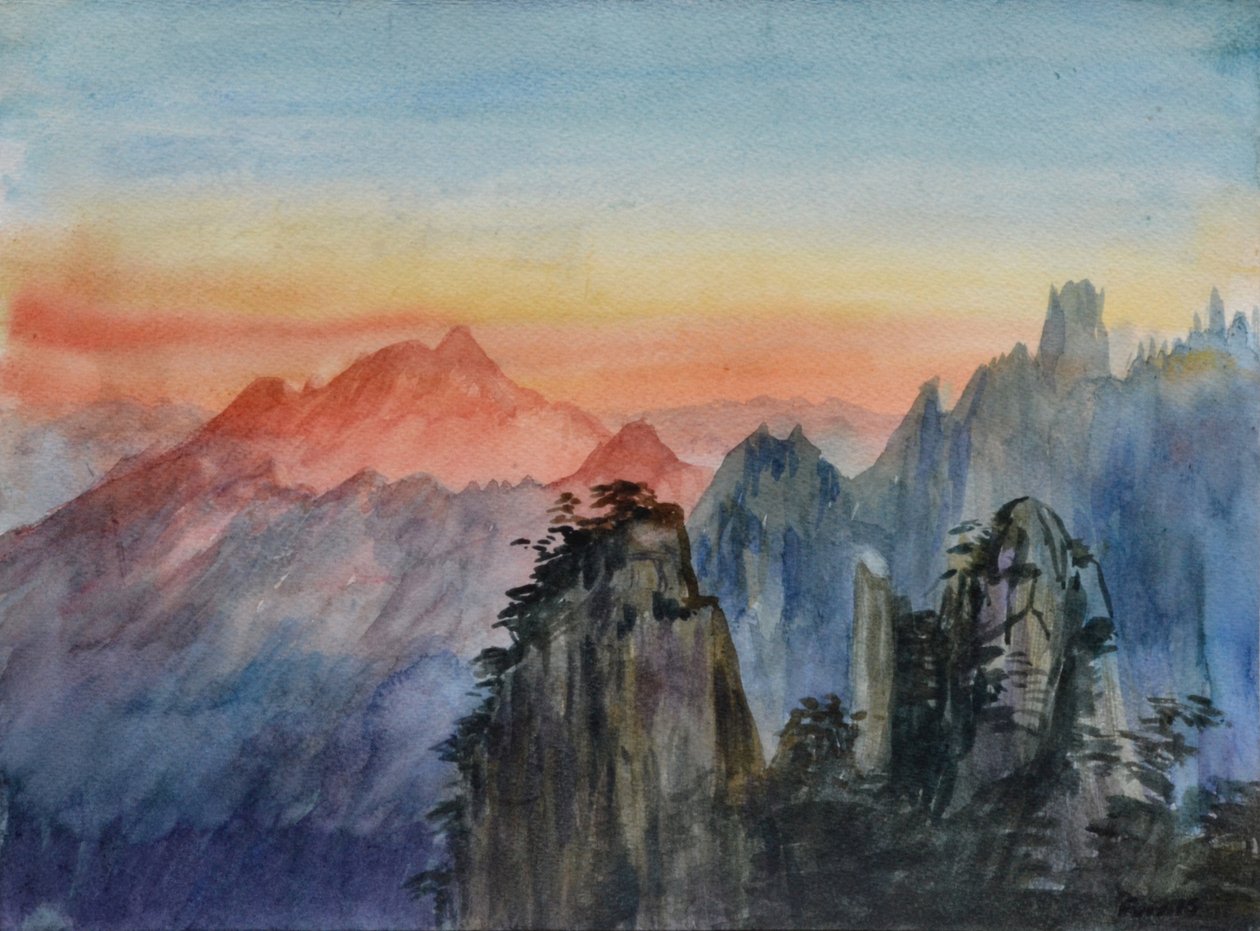 仏光 -日の出バラ山- 2015年（紙に水彩画） 作： クリスチャン・ファー