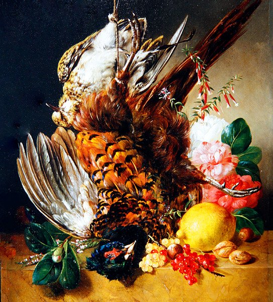 果物、花、ゲームのある静物画 作： クリスチャン・ホイヘンス