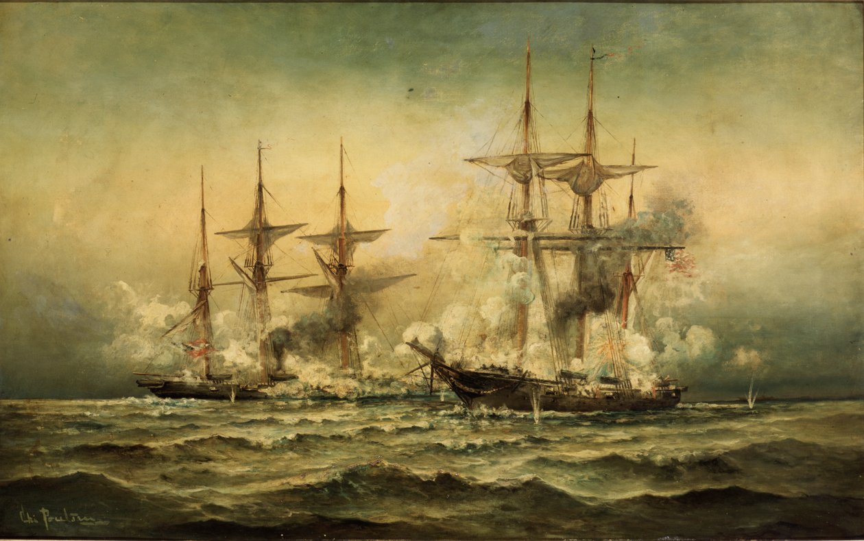 1864年6月19日、フランスのシェルブール港沖のカーサージュとアラバマ、1870年頃 作： クリスチャン・ポールセン