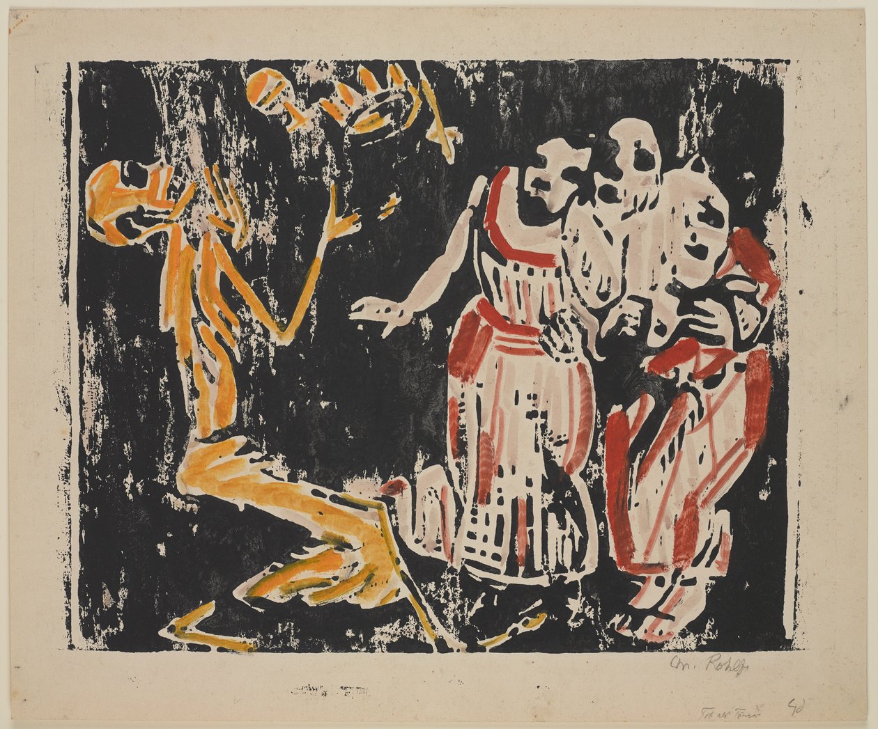 ジャグラーとしての死（革命）（Tod als Jongleur [Revolution]）、1918-19（重い織り紙の上に黄色、赤、黒の木版画） 作： クリスチャン・ロールス