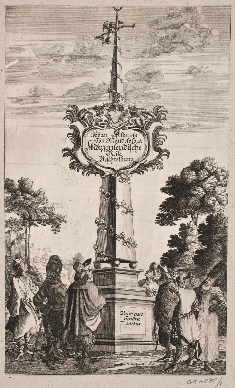 Johann Albrecht Mandelslo のタイトル ページ、"Oriental Travel Description [...]、Schleswig 1668 作： クリスチャン・ロスギーサー