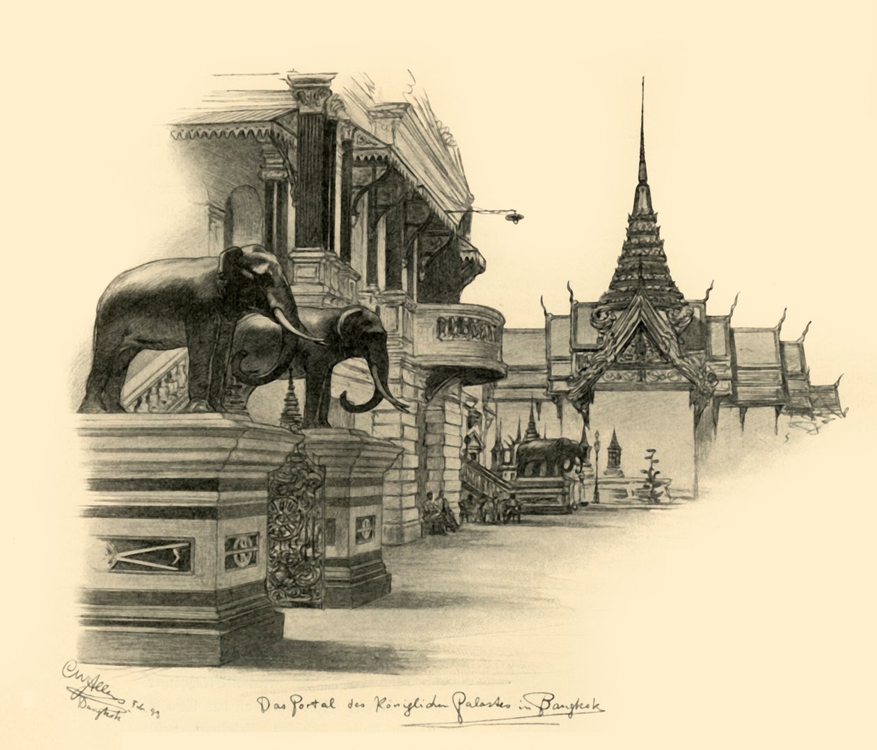 1898年、サイアム、バンコクの王宮への入り口。 作： クリスチャン・ウィルヘルム・アラーズ