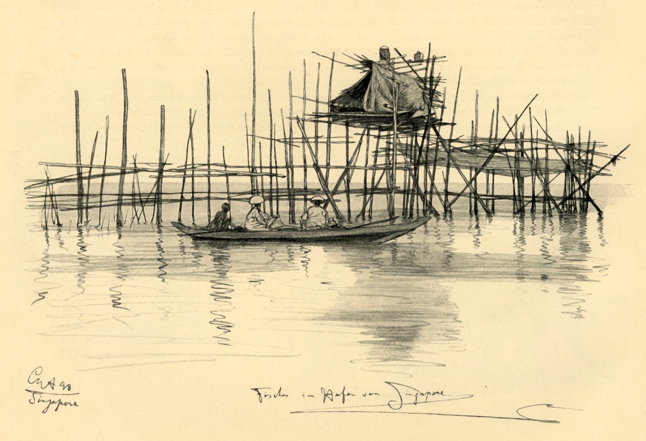 1898 年、シンガポール港の高床式の家と漁師。 作： クリスチャン・ウィルヘルム・アラーズ