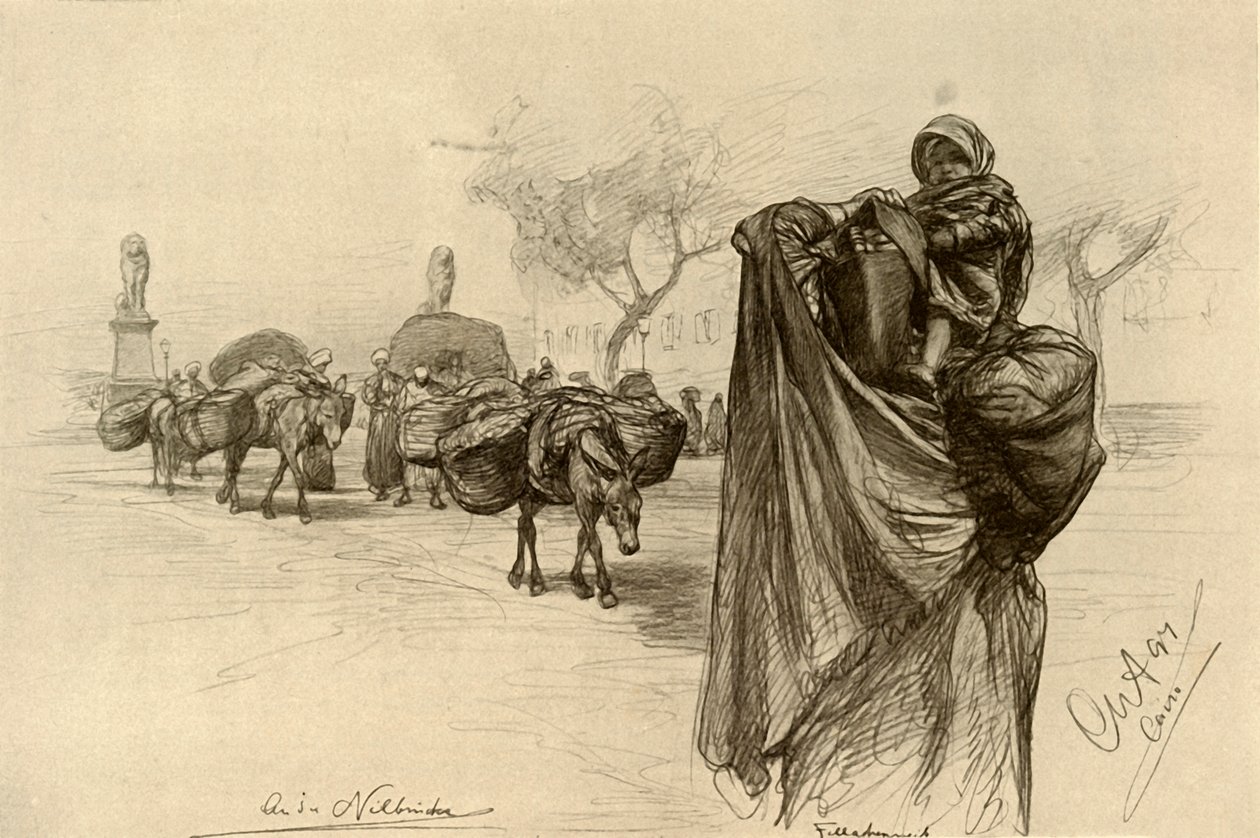 1898 年、カイロ、コブリ エル ゲジーラ橋の近くの女性と子供。 作： クリスチャン・ウィルヘルム・アラーズ