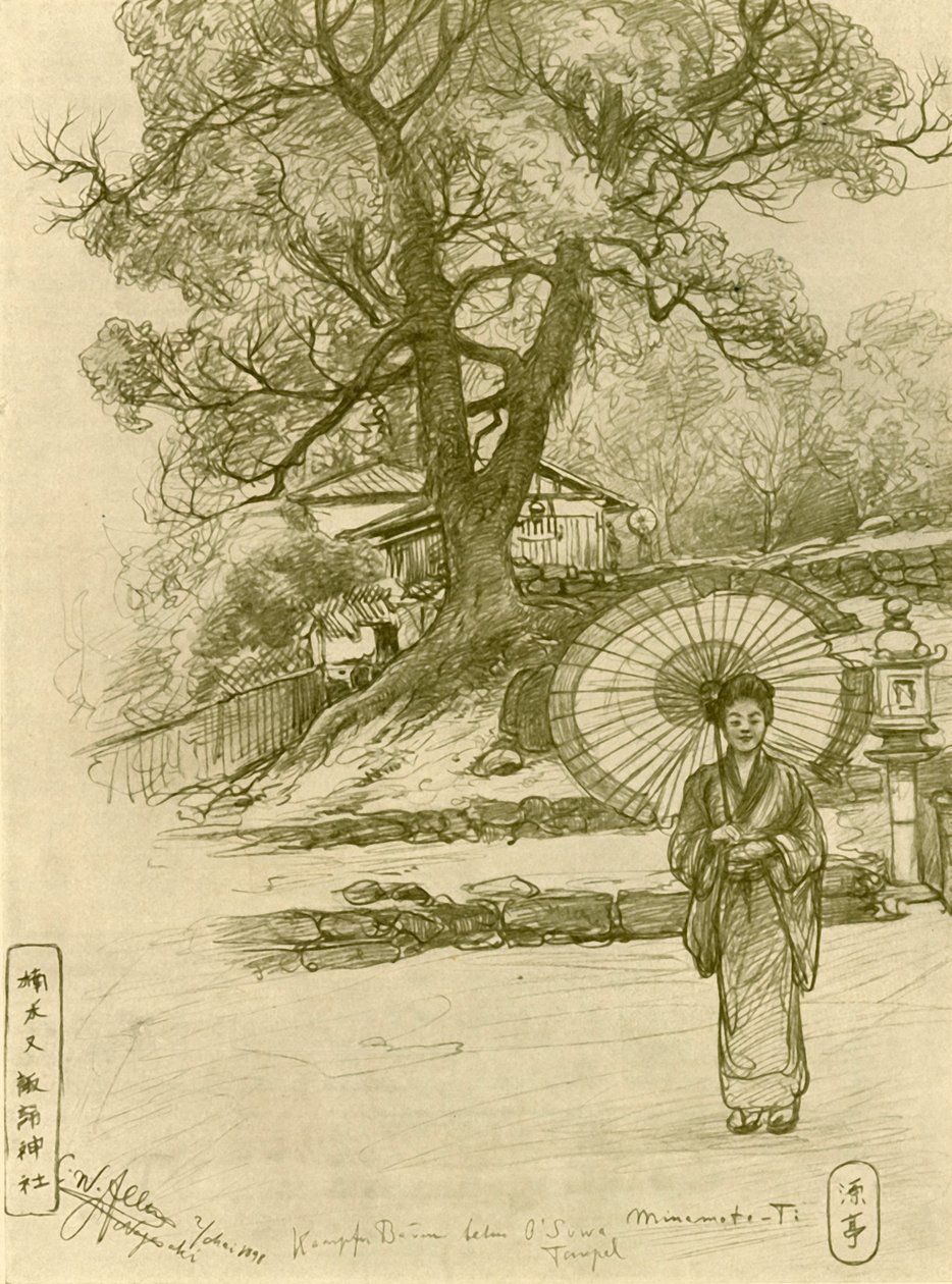 日傘をさした女性、長崎、日本、1898年。 作： クリスチャン・ウィルヘルム・アラーズ