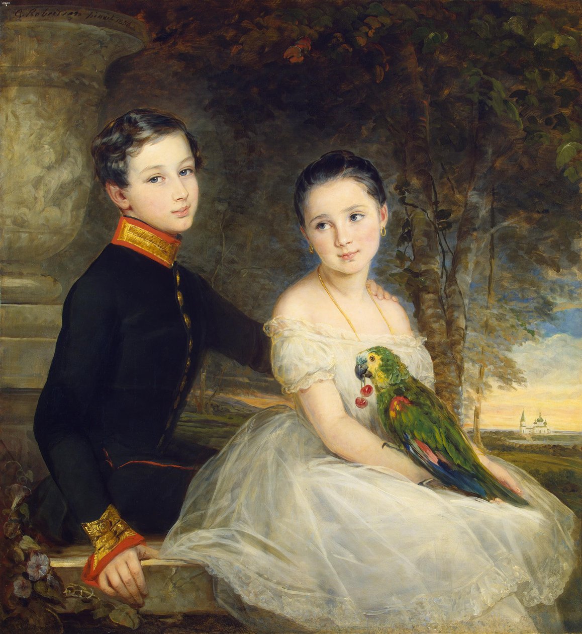 オウムを連れた子供たち パー・ロバートソン、クリスティーナ（1796-1854 作： クリスティーナ・ロバートソン