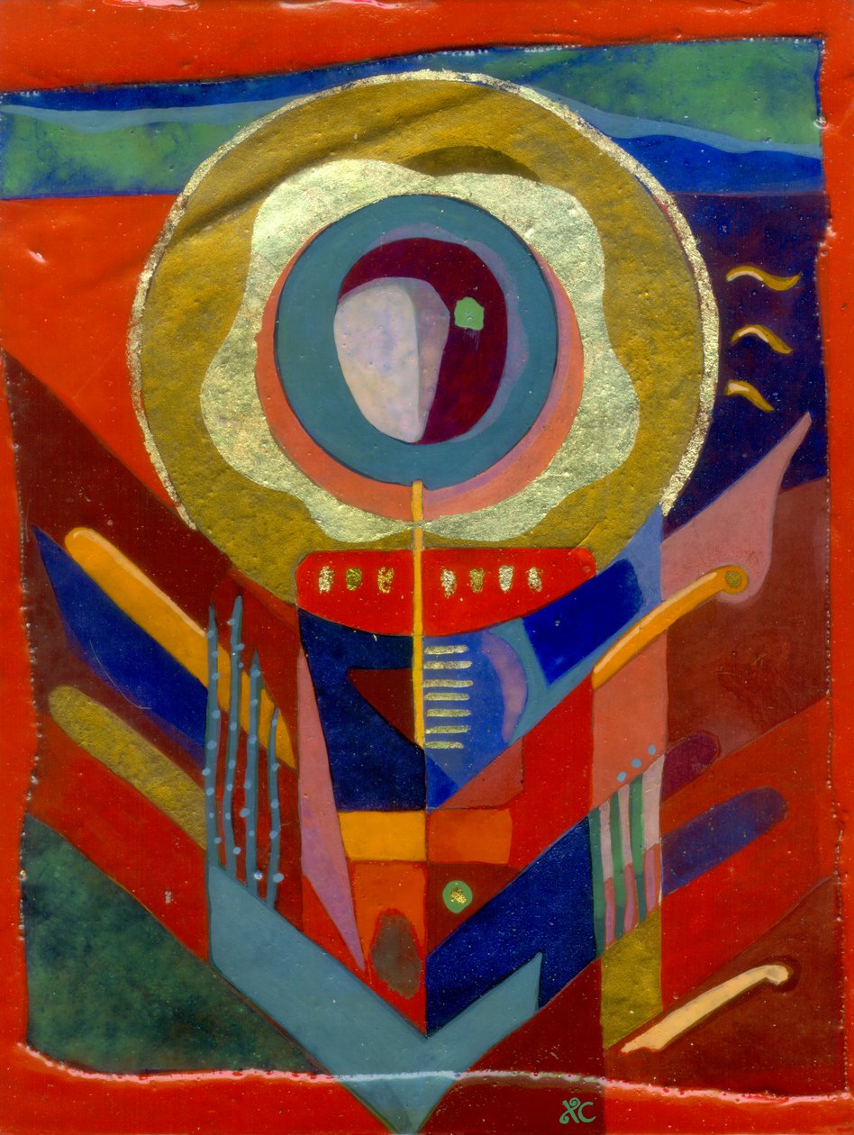 赤い天使, c. 2005 (ジェッソ加工パネルに卵テンペラ、金箔) 作： クリスティーナ・サージ