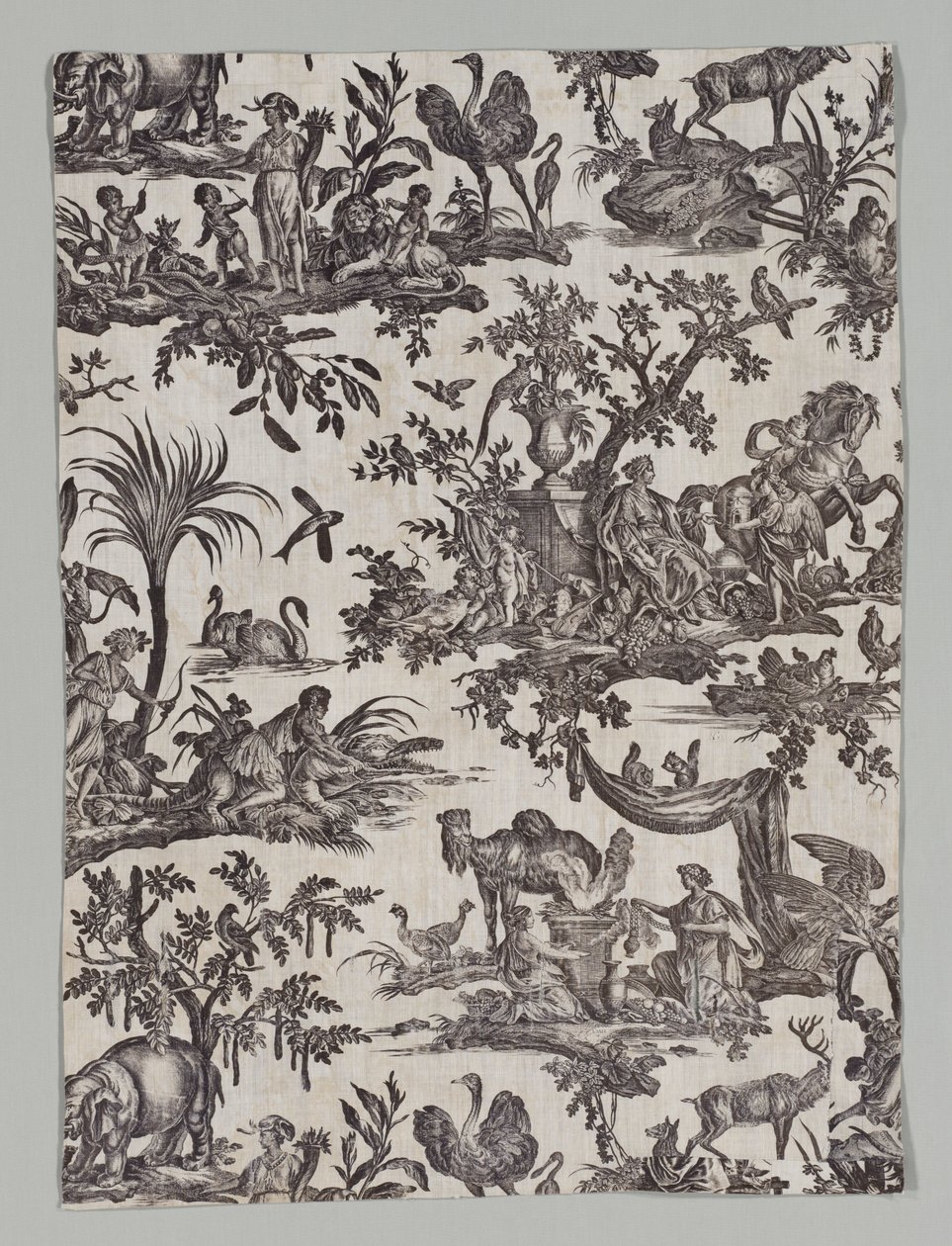 レ キャトル パーティー デュ モンド デザインの銅版画プリント コットンの断片、1788 年。 作： クリストフ・フィリップ・オーバーカンプ