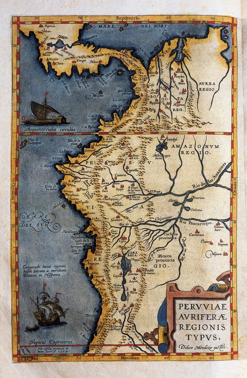 1570 年のエルナンド デ ソトの遠征の記録からのペルーの地図 作： クリストフ・プランタン