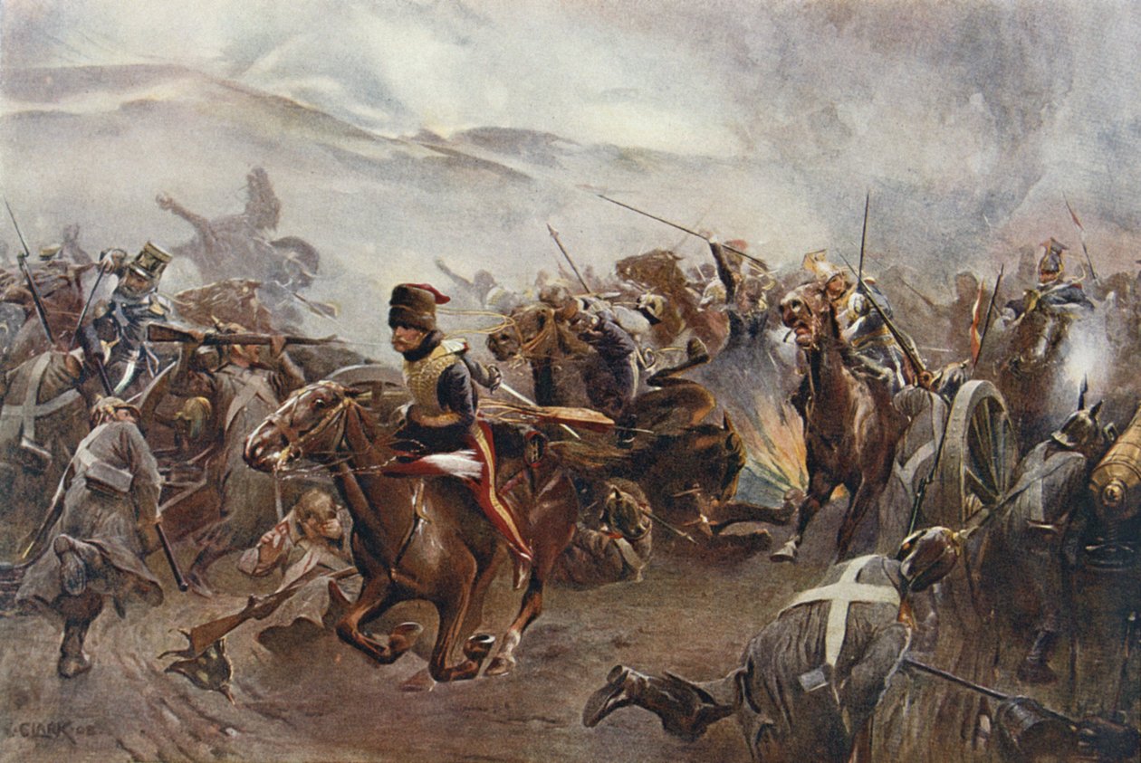 1854年10月25日のバラクラバの戦いにおける軽旅団の突撃、サー・イブリン・ウッド（1838-1919）1915が編集した「陸と海でのイギリスの戦い」のイラスト 作： クリストファー・クラーク