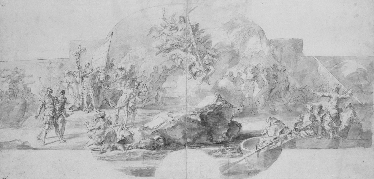 アメリカのコロンブス上陸作戦、1777年に破壊されたサラ・デル・マイナーの絵画の研究... 作： クリストファー・コロンバス