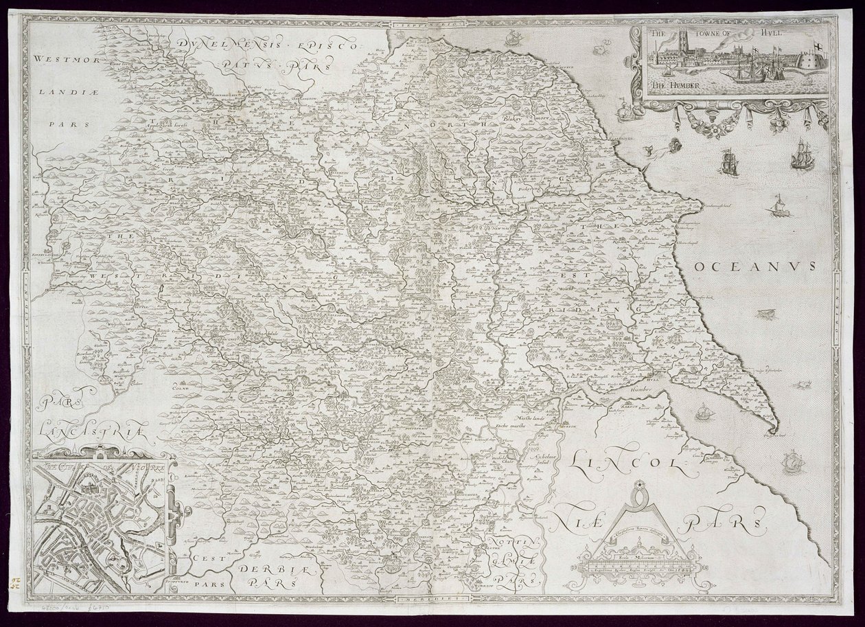 ウィリアム・ウェブによって刻まれたヨークシャーの地図、1645年公開 作： クリストファー・サクストン