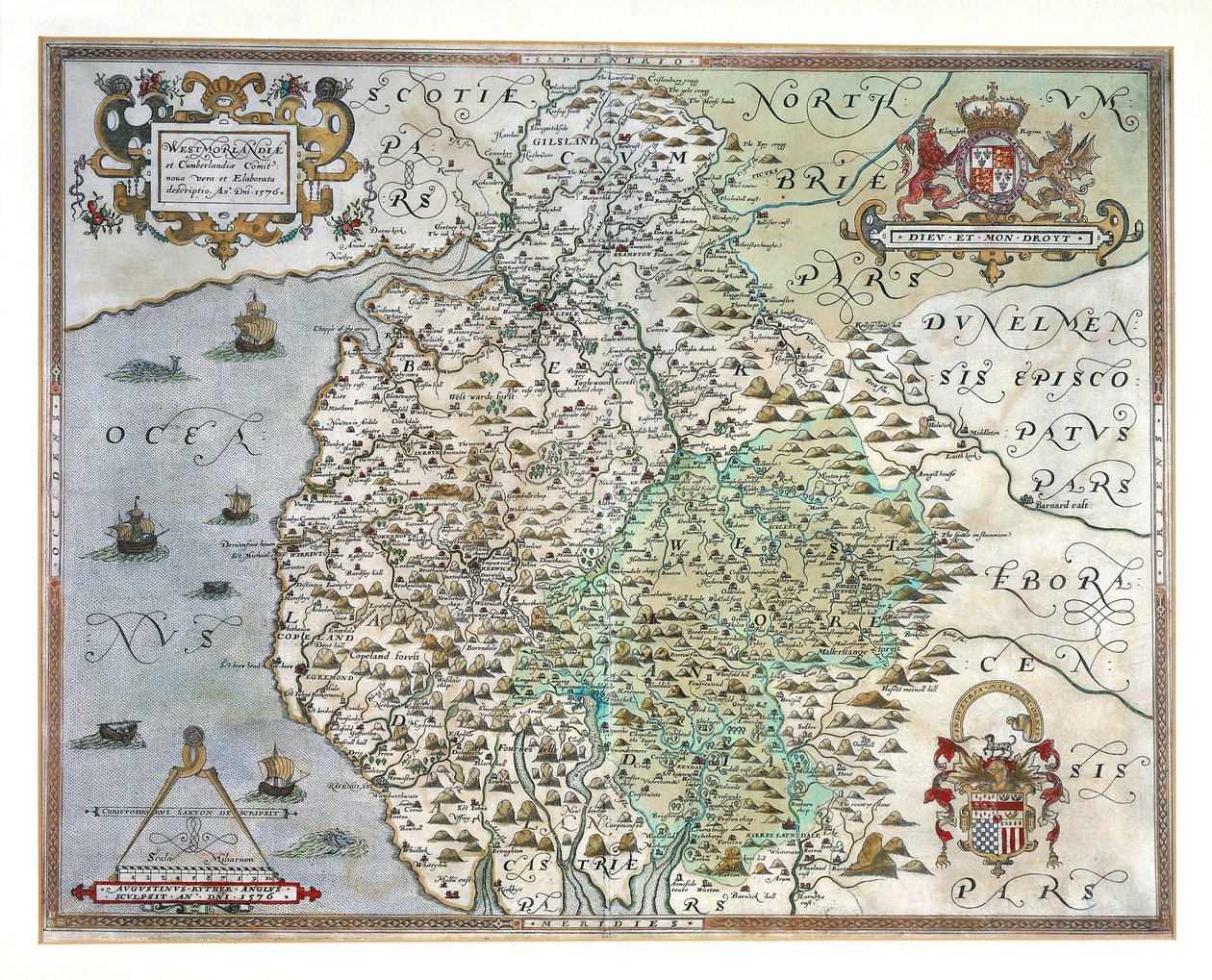 ウェストモーランドとカンバーランドの地図、1576 作： クリストファー・サクストン