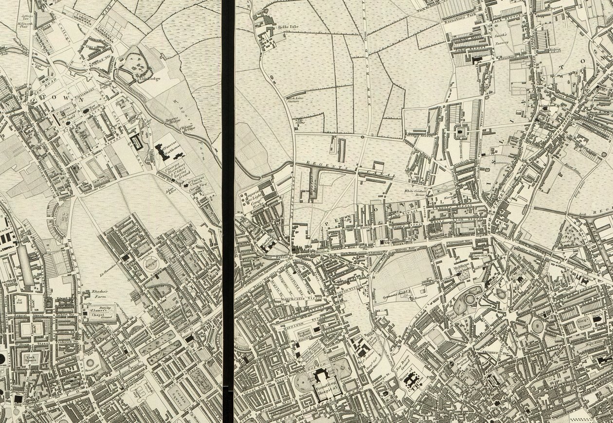 ペントンヴィル周辺の詳細（1824年に実際に測量されたロンドンの地図より 作： クリストファーとジョン (fl.1821 40) グリーンウッド