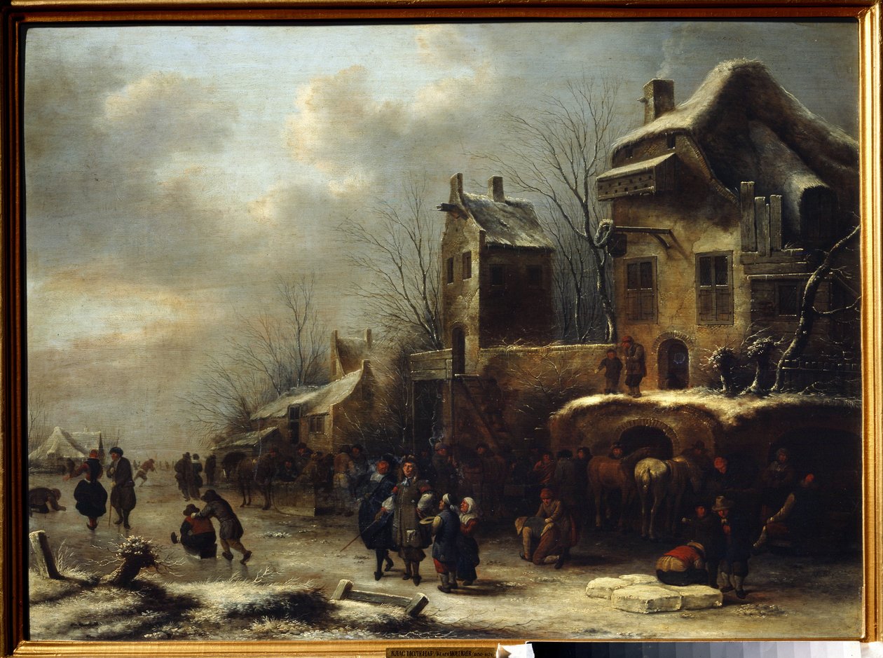 川沿いのスケートリンク。 Claes Molenaer (Klaes Molenaer) による絵画 作： クレス・モレナー