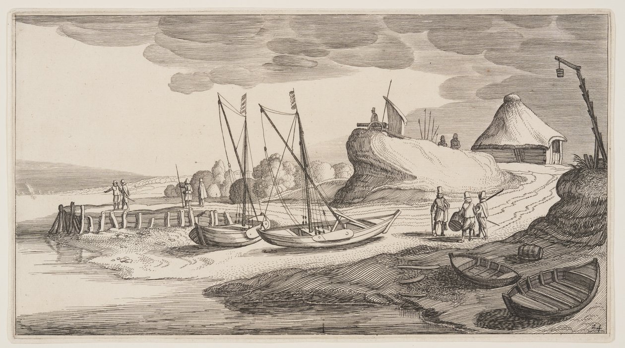 絵画 ヨット停泊 監視塔の近くに停泊するボート（風景画より）Playsante Lantschappen