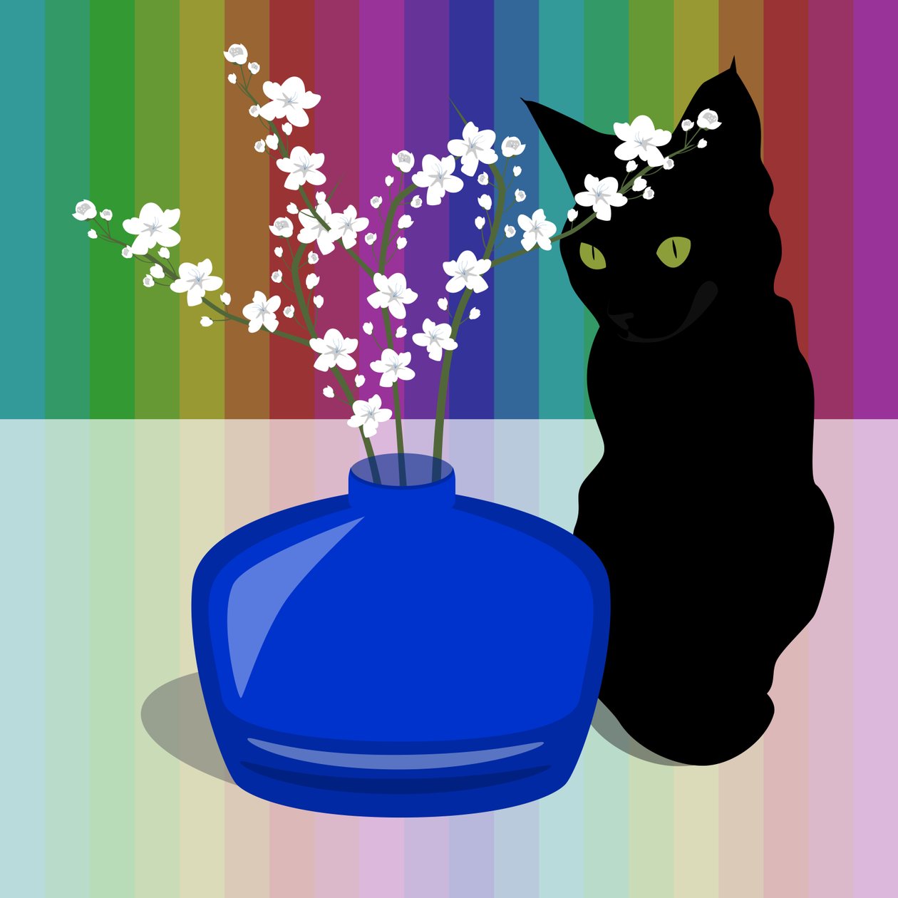 青いガラスの花と黒猫の花瓶 作： クレア・ハントリー