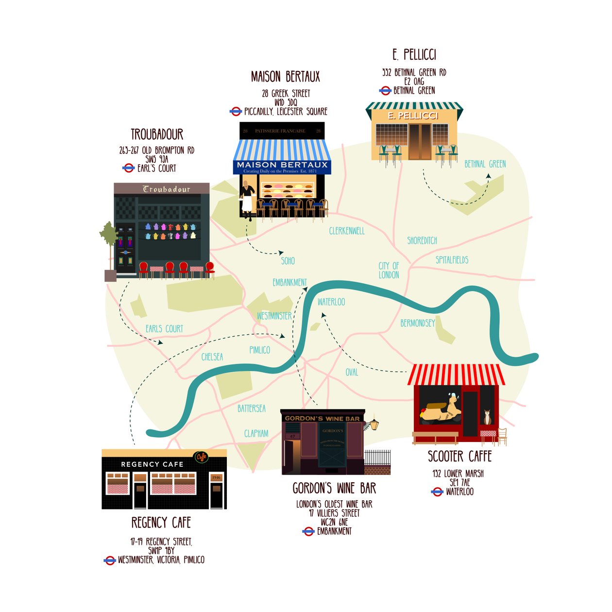 ユニークなロンドンのレストランとバーの地図 作： クレア・ハントリー