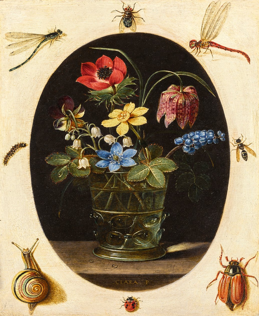昆虫とカタツムリに囲まれた花のある静物画 作： クララ・ペーテルス