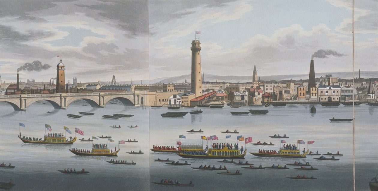 アデルフィからのテムズ川のパノラマ、1829年頃（アクアチント） 作： クラーク