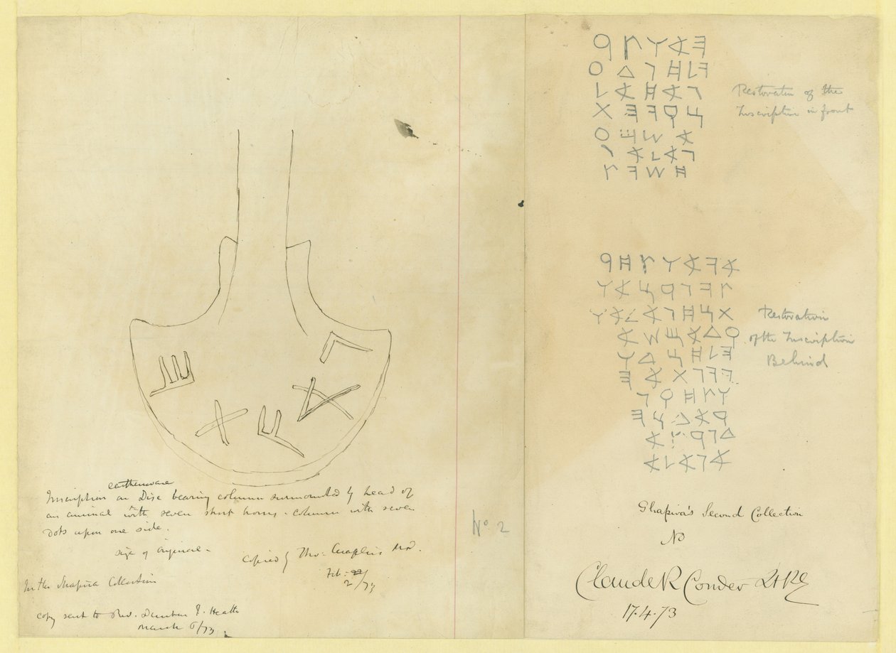 シャピラの第2コレクション、1873年の土器ディスクへの碑文（紙と鉛筆） 作： クロード・コンドル