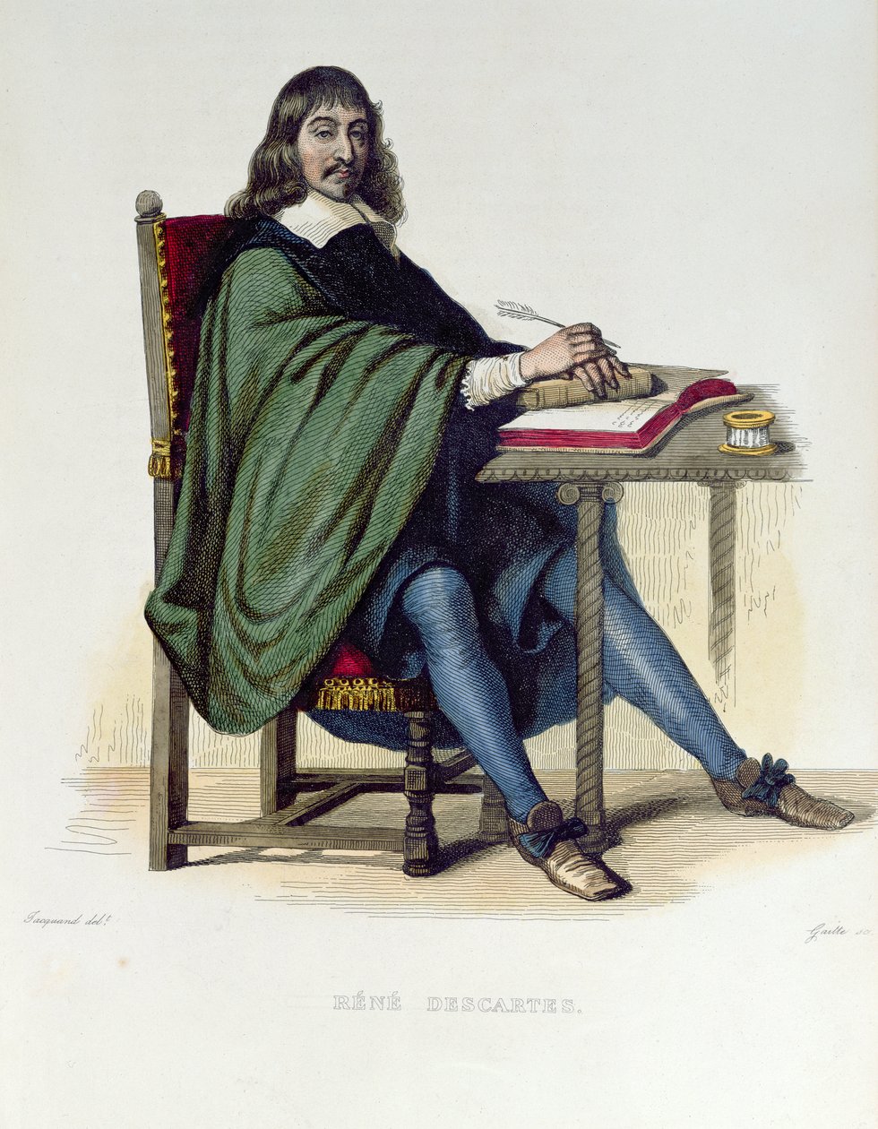 ルネデカルト（1596-1650）、「ルプルタルクフランセ」ny E.Mennechetからのイラスト、パリ、1835年に発行（カラー彫刻） 作： クロード・ジャカンド