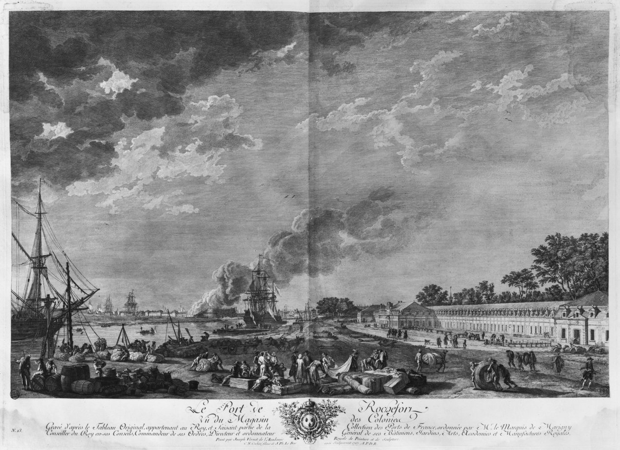 植民地時代の店から見たロシュフォール港、シャルル・ニコラ・コーチン（1715〜90年）とジャック・フィリップ・ル・バス（1707〜83年）、1767年（刻印とエッチング）が刻印した一連の「レ・ポート・ド・フランス」 作： クロード・ジョセフ・ヴェルネ