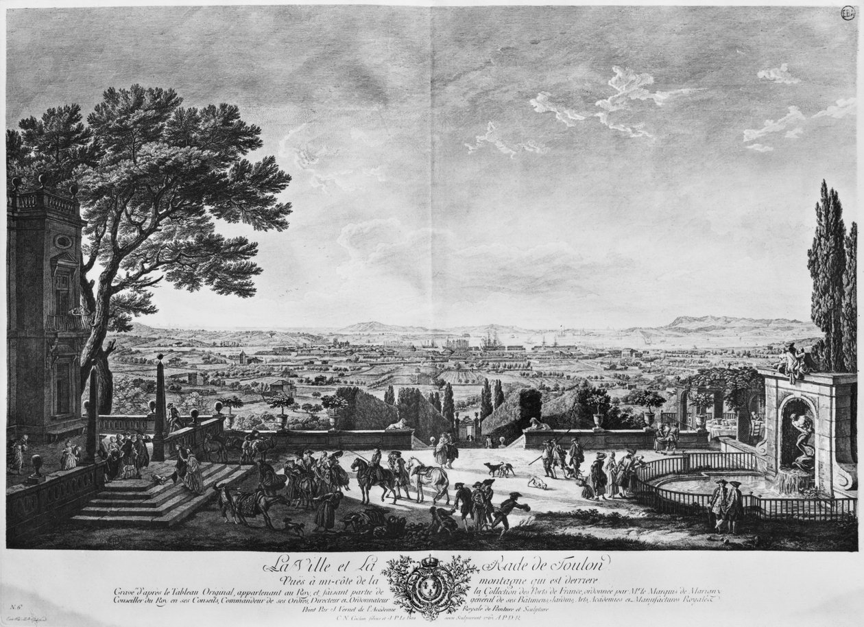 トゥーロンの町と港、後ろの山の途中から見た、シャルル・ニコラ・コーチン・ヤンガー（1715-90）とジャック・フィリップ・ル・バス（1707-83）176によって彫刻された「Les Ports de France」のシリーズ 作： クロード・ジョセフ・ヴェルネ