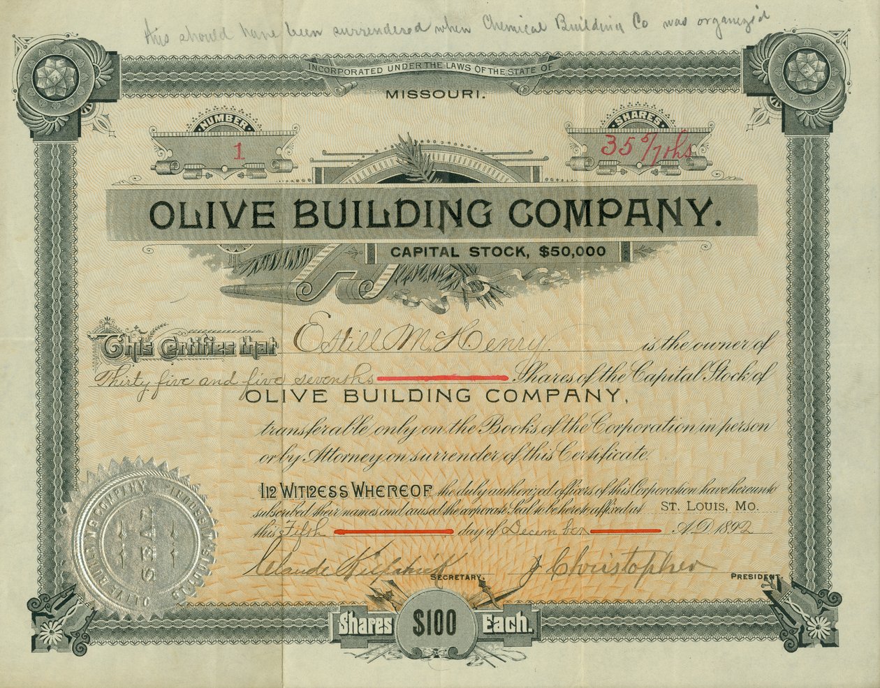 1892年12月5日、Estill M. Henryに発行されたOlive Street Building Companyの株券 作： クロード・カークパトリック