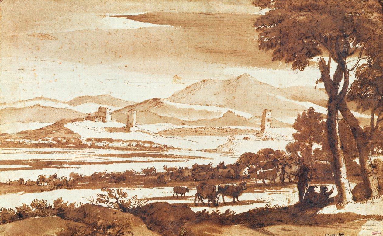 ローマの田舎の風景、1643年（紙にペンとインクで洗う） 作： クロード・ロラン