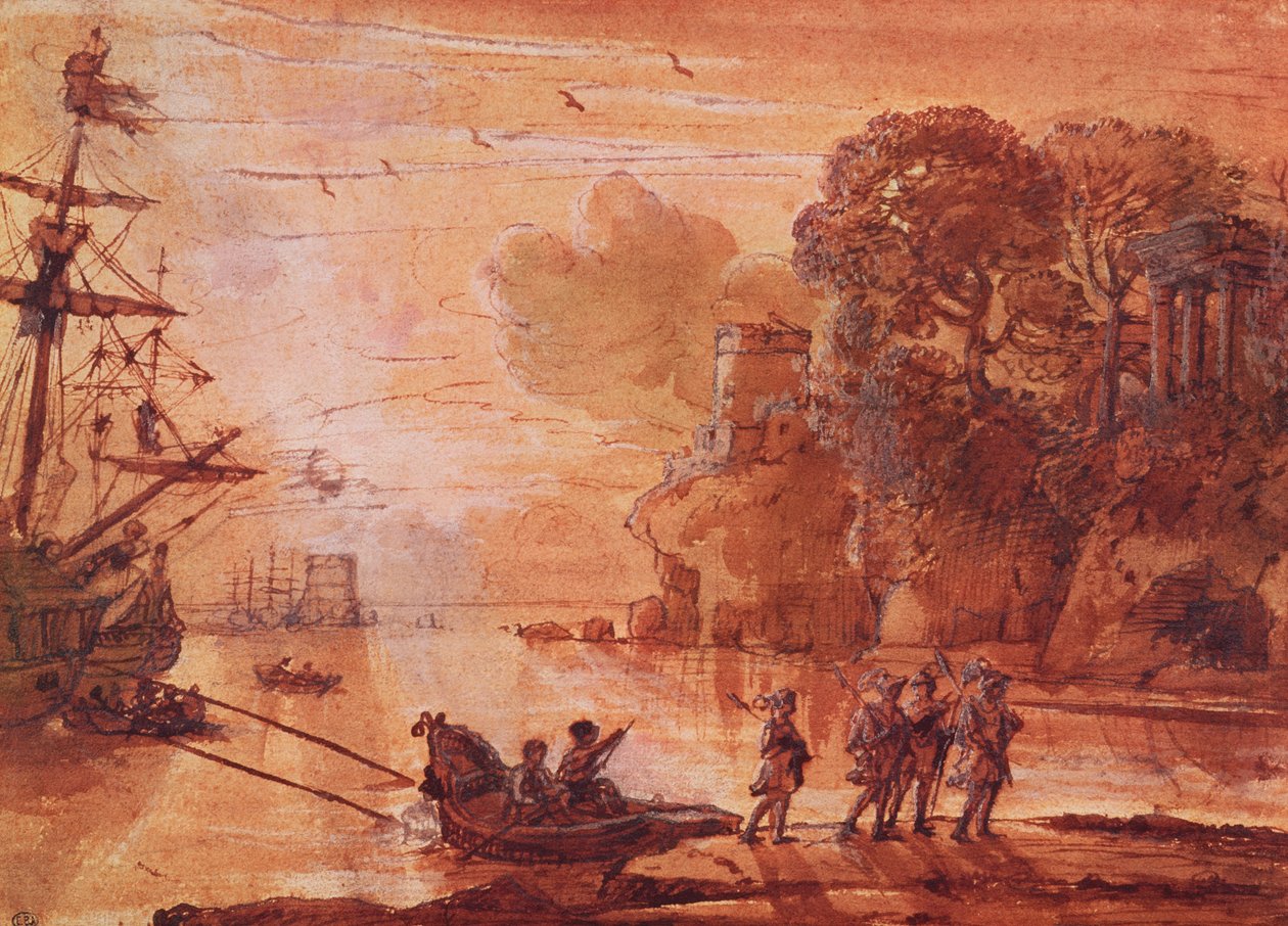 1660-65年、おそらくラティウムのアエネアスにある港での戦士の下船（ペンとインクでグワッシュで紙を洗う） 作： クロード・ロラン